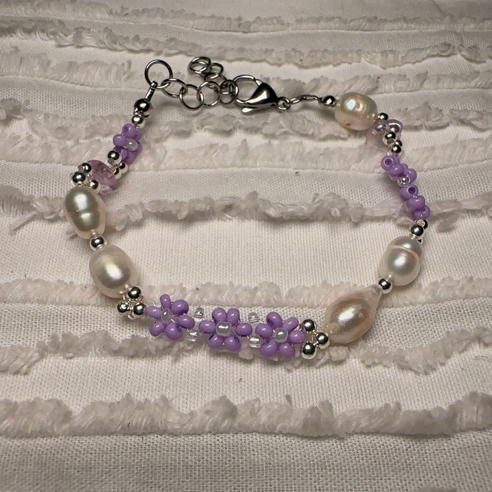 Handmade Purple beaded flower bracelet w/ faux pearls & sterling silver closure